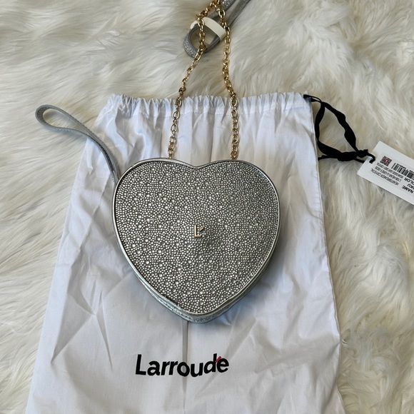 Larroude Heartbreaker Crossbody Bag In Crystal and Light Gray Vegan Suede NWT - Picture 5 of 14